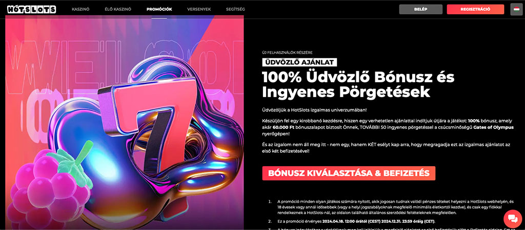 üdvözlő bónusz, 100% bónusz, ingyenes pörgetések, online kaszinó, promóció, regisztráció, HotSlots, nyeremény, befizetés