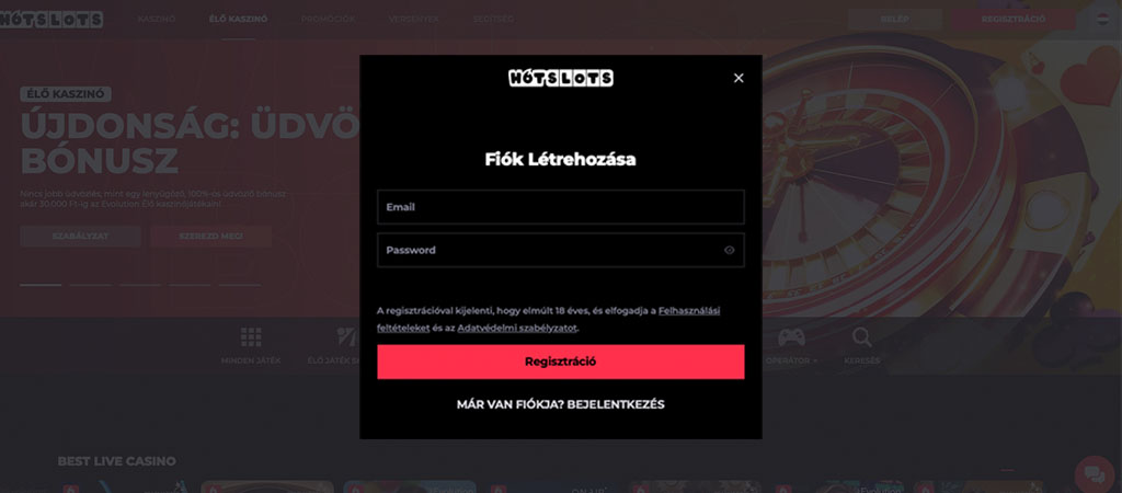 regisztráció, fiók létrehozása, e-mail, jelszó, HotSlots, online kaszinó, új játékos, belépés, feltételek elfogadása