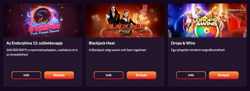 Endorphina, Blackjack Heat, Drops & Wins, kaszinó promóciók, nyereményalap, belépés gomb, akciók játékosoknak