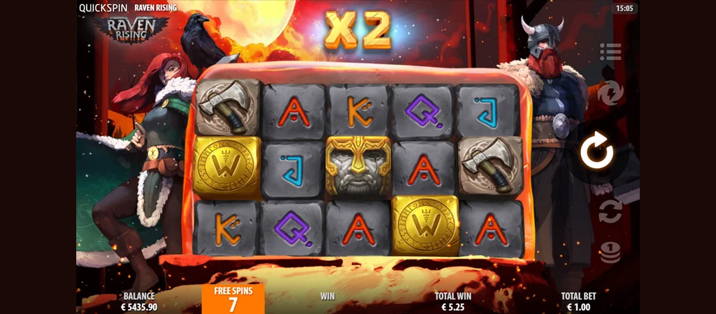 Viking, harcosnő, slot, Raven Rising, bónusz kör, ingyenes pörgetés, szimbólumok, arany érme, kövek, tűz, Quickspin