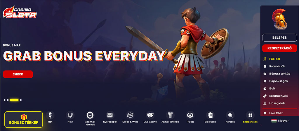 Slota Casino, bónusztérkép, napi bónusz, római harcos, Grab Bonus Everyday, belépés, regisztráció, menü, kaszinójátékok