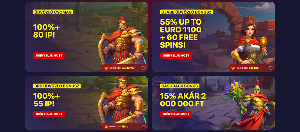 Slota Casino, üdvözlő bónusz, 100% bónusz, ingyen pörgetés, cashback, római karakterek, promókód, promóciók, IP pontok