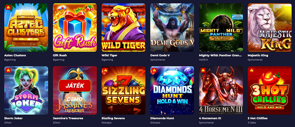 Slota Casino, nyerőgépek, Aztec Clusters, Gift Rush, Wild Tiger, Demi Gods V, Storm Joker, Diamonds Hunt, 4 Horsemen III