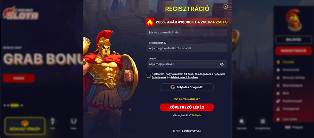 Slota Casino, regisztráció, 255% bónusz, 255 ingyen pörgetés, római harcos, e-mail, jelszó, Google belépés
