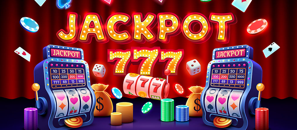 jackpot, 777, nyerőgépek, színes zsetonok, kártyaszimbólumok, piros függöny, dobókocka, arany pénzeszsák, pörgetés