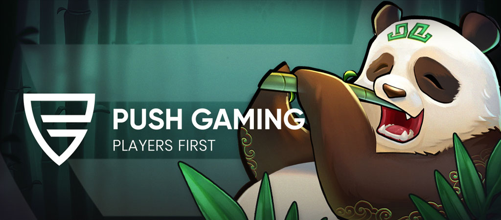 push gaming, logó, panda karakter, bambusz evés, players first, kaszinó játékfejlesztő, online nyerőgépek, szerencsejáték