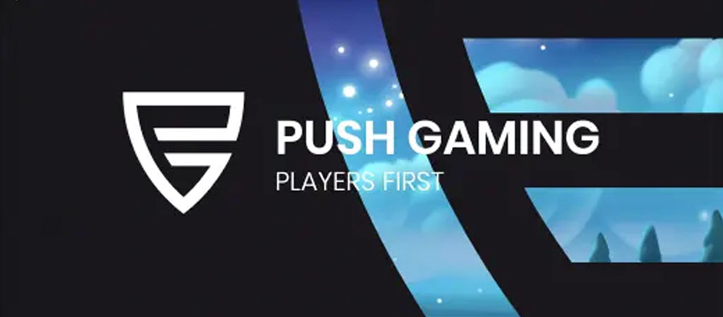 push gaming logó, players first, éjszakai táj, kék ég, csillagok, játékfejlesztő, online nyerőgépek, kaszinó szoftver