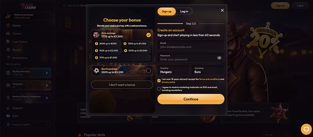 Mad casino, regisztráció, bónusz választás, slots, sports package, bónusz, email és jelszó mező, gyors fiók létrehozás
