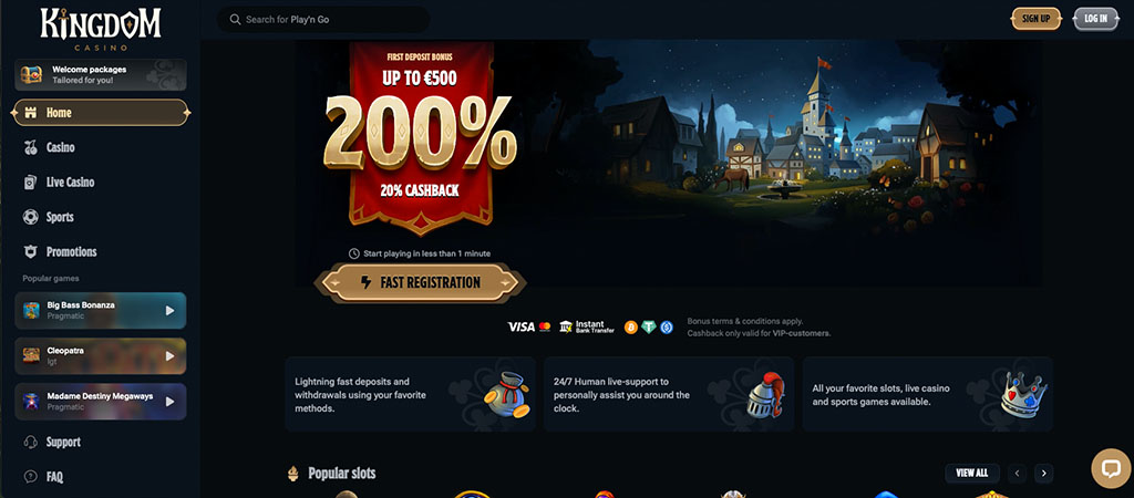 Kingdom casino, online kaszinó, üdvözlő bónusz, cashback, regisztráció, középkori város, népszerű nyerőgépek, élő kaszinó