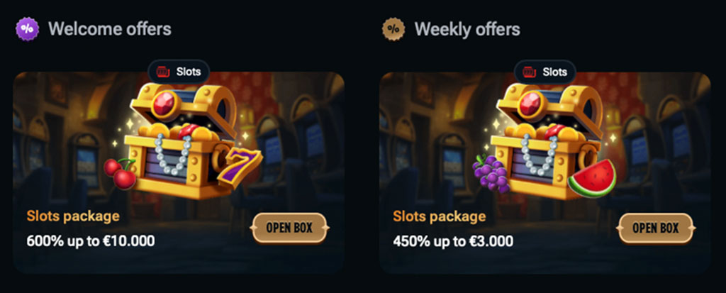 Kingdom casino, üdvözlő bónusz, heti ajánlat, slots csomag, nyerőgép, kincsesláda, gyümölcs szimbólumok, open box