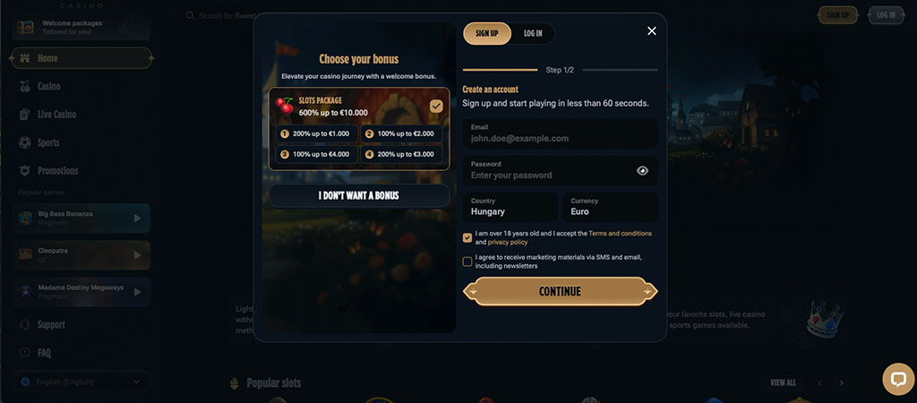 kingdom casino, regisztráció, bónusz választás, slots csomag, sport bónusz, email mező, jelszó, continue gomb