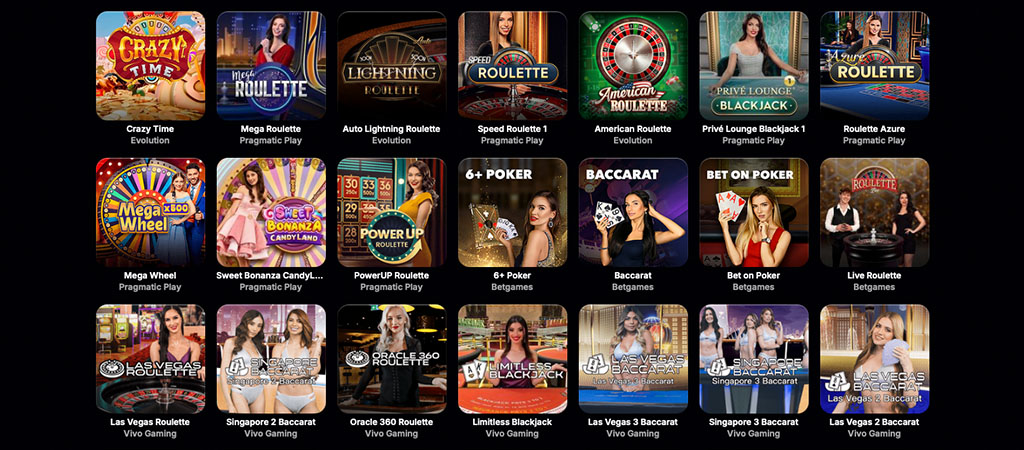 élő kaszinó játékok, rulett, blackjack, baccarat, Crazy Time, Mega Wheel, Sweet Bonanza, krupié, stúdió, játékkategóriák