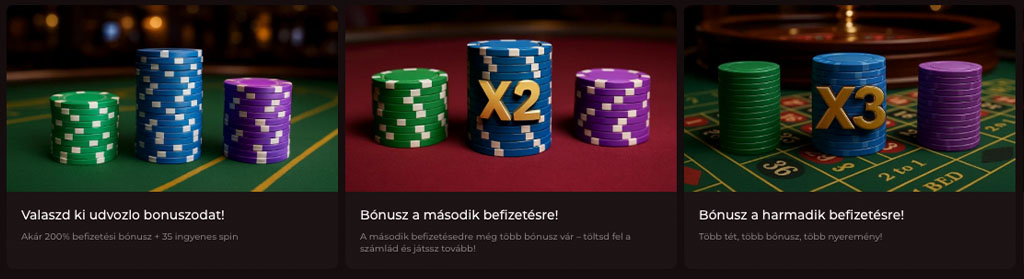 üdvözlő bónusz, befizetés bónusz, kaszinó zsetonok, promóciók, online kaszinó, zöld, kék, lila zsetonok