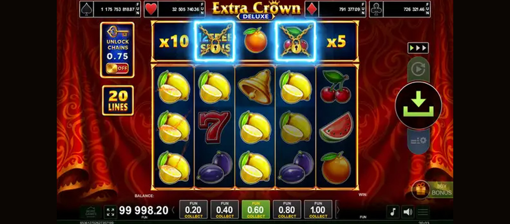 nyerőgép, Extra Crown Deluxe, gyümölcs szimbólumok, citrom, szilva, harang, cseresznye, bónusz játék, 20 vonal, kaszinó játék