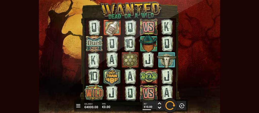vadnyugat, Wanted Dead or a Wild, nyerőgép, wild szimbólum, revolver párbaj, vonatrablás, koponya, sheriff, tárcsa, western
