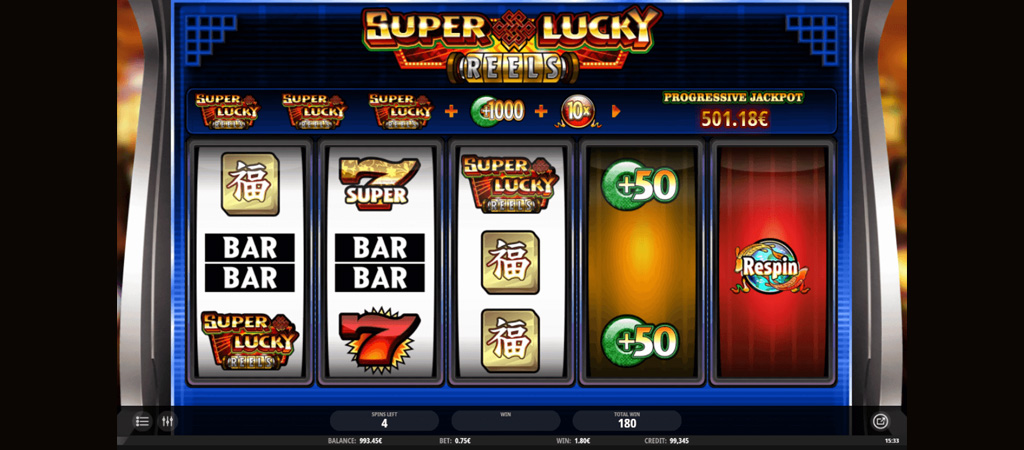 Super Lucky Reels, klasszikus nyerőgép, BAR szimbólum, szerencse karakter, 7-es, respin funkció, progresszív jackpot
