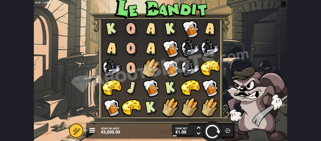 Le Bandit, nyerőgép, rajzfilm, sajt, sör, bagett, haragos bandita, utcai háttér, 5 tárcsás játék, kaszinó szimbólumok