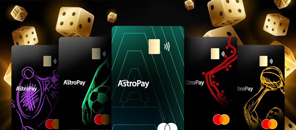 AstroPay kártyák, Mastercard logó, dobókockák, érintéses fizetés ikon, virtuális fizetési megoldás, színes sportgrafikák