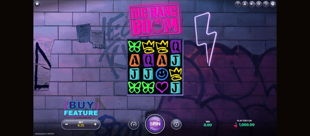 slot játék, neon szimbólumok, Big Bang Boom, SPIN gomb, tégla fal háttér, játék felület, BUY FEATURE gomb,  graffiti
