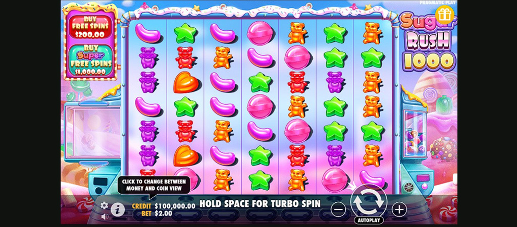 cukorka témájú slot, Sugar Rush 1000, medvecukor ikonok, színes édességek, vásárlás gomb, játékautomata, pörgetés