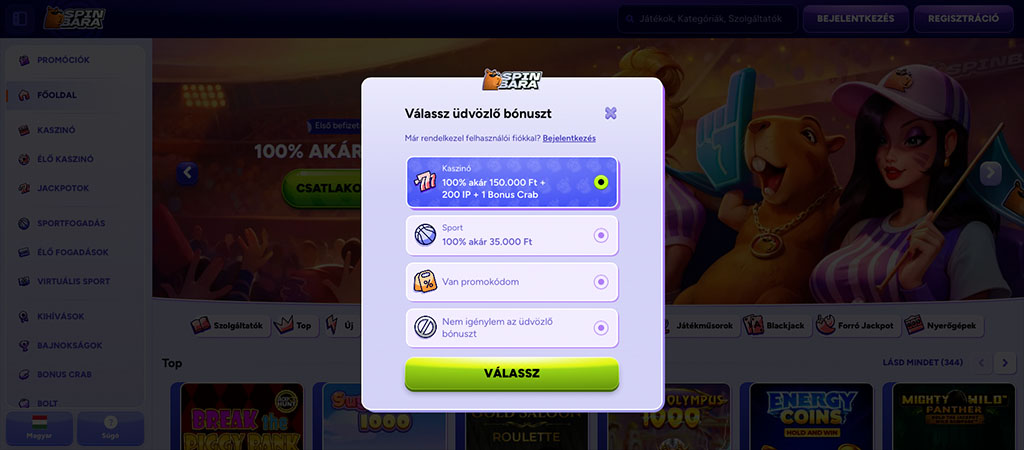 Spinbara Casino, üdvözlő bónusz választás, 200 IP, Bonus Crab, sport bónusz, promóciós kód, regisztráció, belépés, válassz