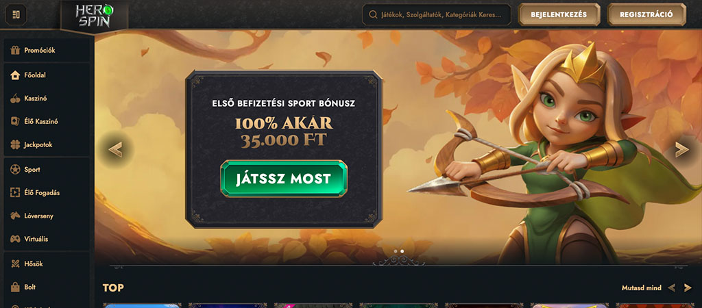 HeroSpin Casino, sport bónusz, íjászlány, fantasy stílus, promóciók, főoldal, játszsz most, bejelentkezés, regisztráció