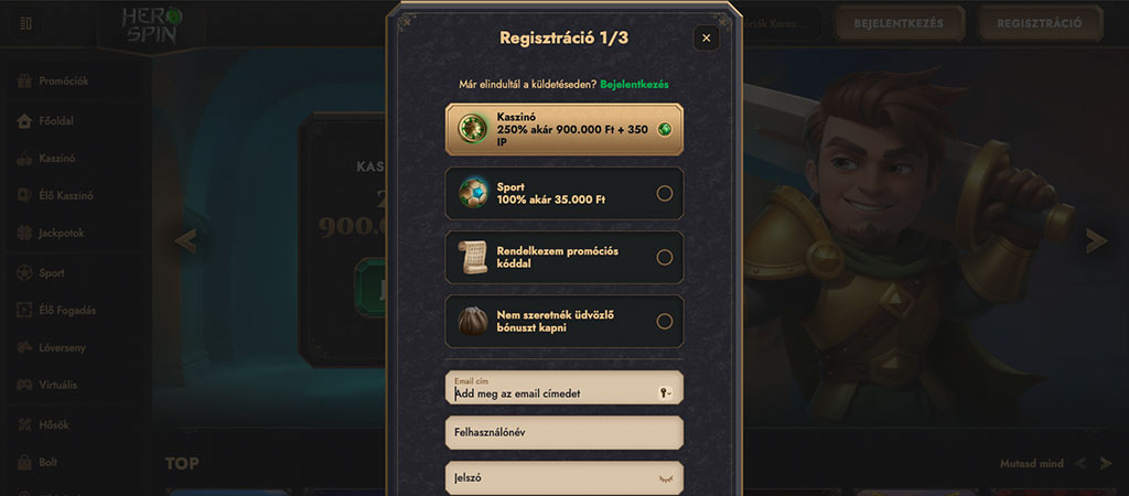 HeroSpin Casino, regisztráció, kaszinó bónusz, sport bónusz, promóciós kód, email, felhasználónév, jelszó, első lépés
