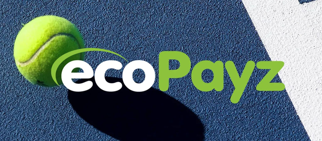 ecoPayz, logó, teniszlabda, sportpálya, online fizetés, digitális pénztárca, fizetési mód, árnyék, zöld és fehér betűk
