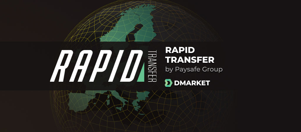 Rapid Transfer logó, Paysafe Group, DMarket, Európa térkép, fekete háttér, sárga hálórács, digitális pénzátutalás