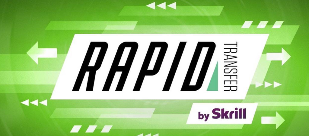 Rapid Transfer logó, by Skrill, zöld háttér, fehér nyilak, online fizetés, digitális átutalás, gyors tranzakció