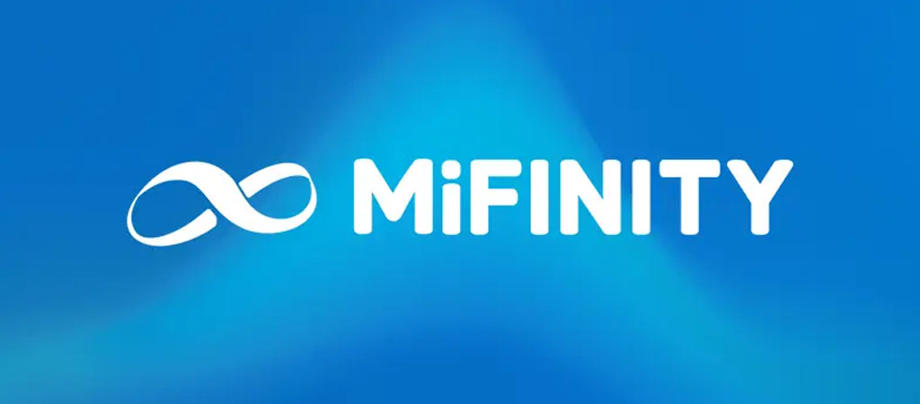 MiFinity logó, kék háttér, végtelen szimbólum, online fizetés, digitális pénztárca, nemzetközi tranzakciók
