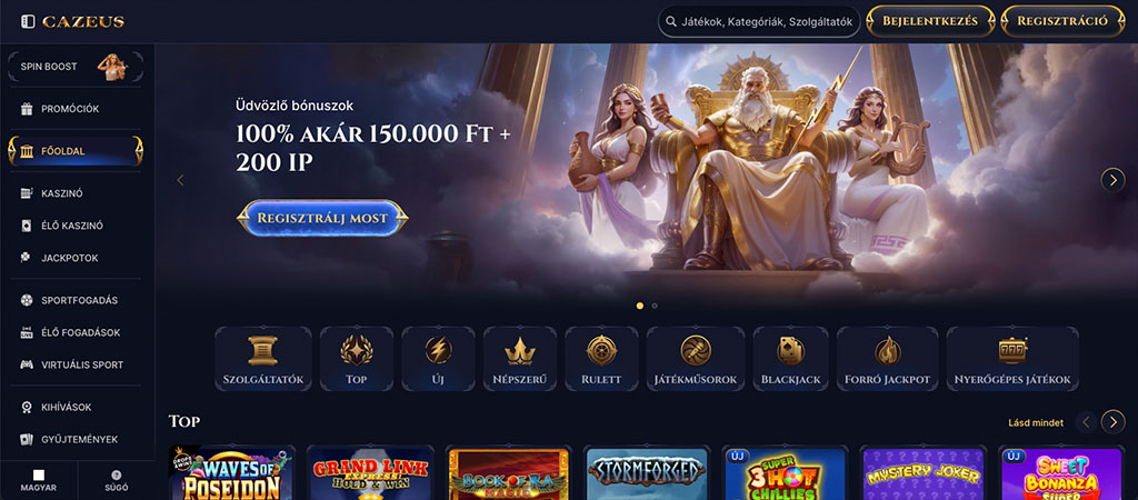 Cazeus Casino főoldal, üdvözlő bónusz, Zeus trónon, két istennő, menü, nyerőgépek, promóciók, játék kategóriák, regisztráció 
