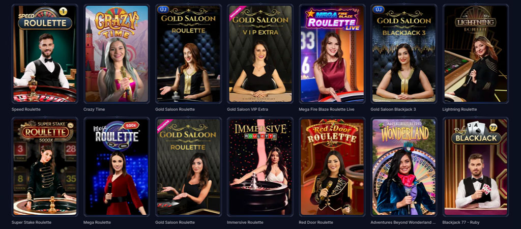 Cazeus Casino élő játékok, rulett, blackjack, Crazy Time, Gold Saloon, Mega Roulette, Immersive Roulette, Red Door Roulette