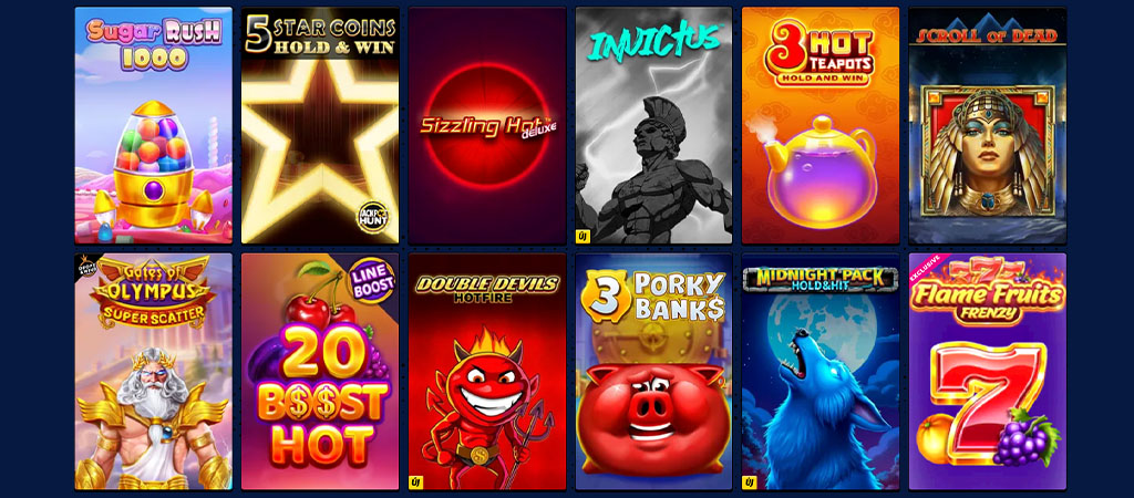 nyerőgépek, Sugar Rush, 5 Star Coins, Sizzling Hot, Invictus, 3 Hot Teapots, Scroll of Dead, Gates of Olympus, 20 Boost Hot