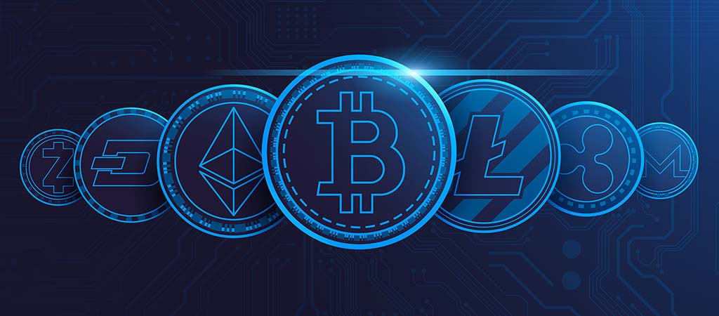 kriptovaluták, Bitcoin, Ethereum, Litecoin, Dash, Ripple, Monero, digitális pénz, blockchain, kripto fizetés, kék ikonok