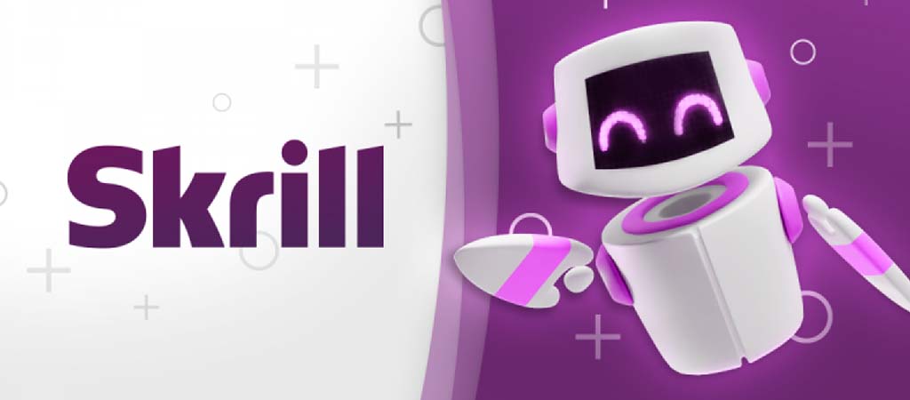 Skrill logó, lila-fehér robotfigura, online fizetés, digitális pénztárca, e-pénz, modern technológia, pénzügyi szolgáltatás