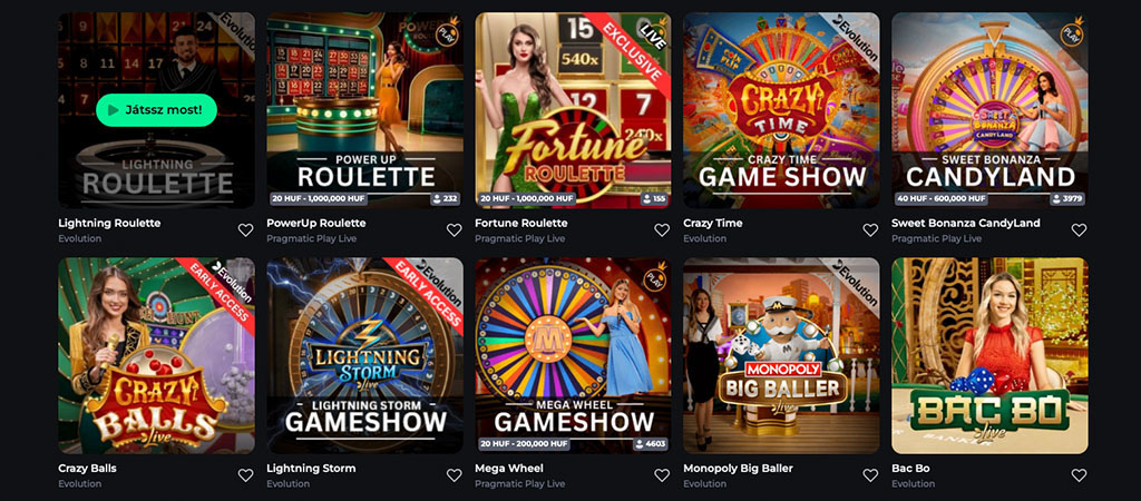 Betonred élő kaszinó, Lightning Roulette, PowerUp Roulette, Fortune Roulette, Crazy Time, Sweet Bonanza CandyLand, Mega Wheel
