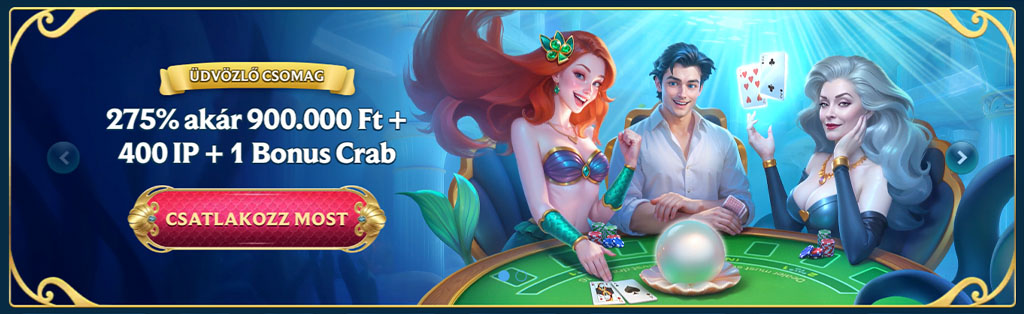 AquaWin, kaszinó, üdvözlő csomag, 275% bónusz, 900.000 Ft, ingyen pörgetés, 400 IP, Bonus Crab, online játék, szerencsejáték