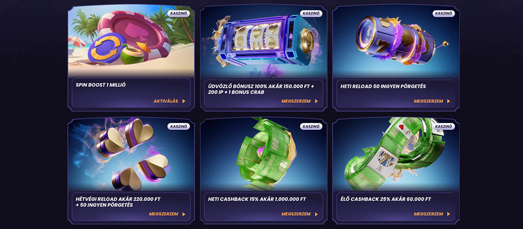 kaszinó promóciók, spin boost, üdvözlő bónusz, reload bónusz, ingyen pörgetés, cashback, online kaszinó ajánlat, nyerőgép