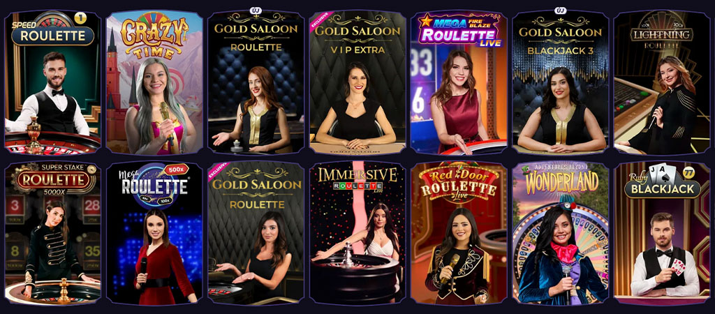 élő kaszinó, rulett, blackjack, crazy time, gold saloon, lightning roulette, immersive roulette, red door roulette, krupiék