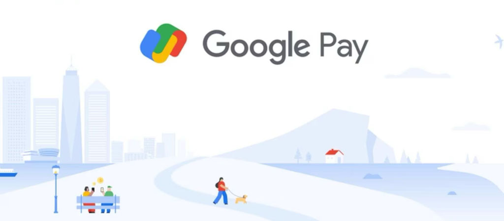 Google Pay logó, város, séta kutyával, digitális fizetés, érintésmentes tranzakció, online vásárlás, biztonságos mobilfizetés