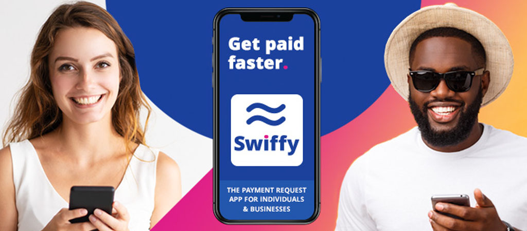 Swiffy fizetési alkalmazás, mosolygó férfi és nő telefonnal, gyors kifizetés, online pénzügyi megoldás