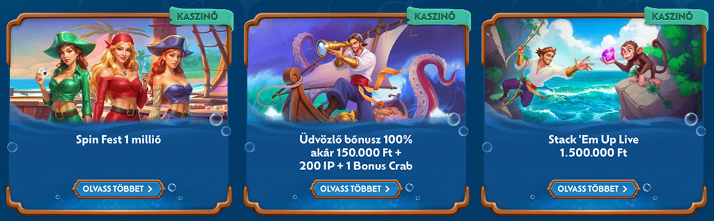 kaszinó promóciók, üdvözlő bónusz, ingyen pörgetés, befizetés, bónusz crab, kalózok, majom, tenger, kincsesláda.