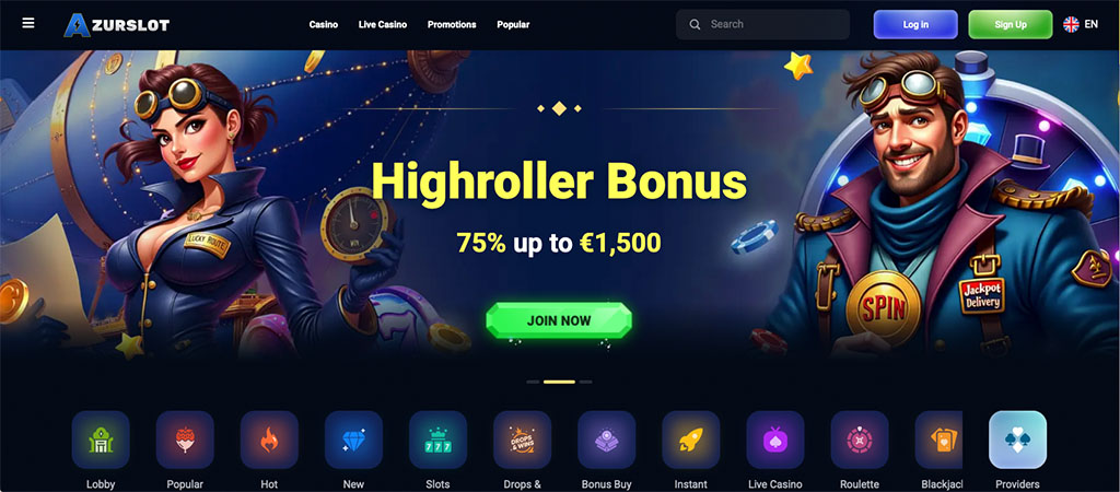 Azurslot kaszinó, bónusz, highroller, 1500 €, jackpot, online játék, nyerőgépek, rulett, élő kaszinó, promóciók