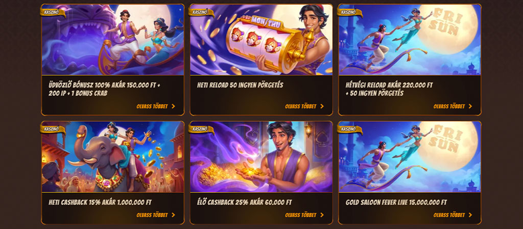 Abuking kaszinó, promóciók, bónuszok, üdvözlő bónusz, reload bónusz, cashback, Gold Saloon Fever, Aladin, Jázmin, elefánt