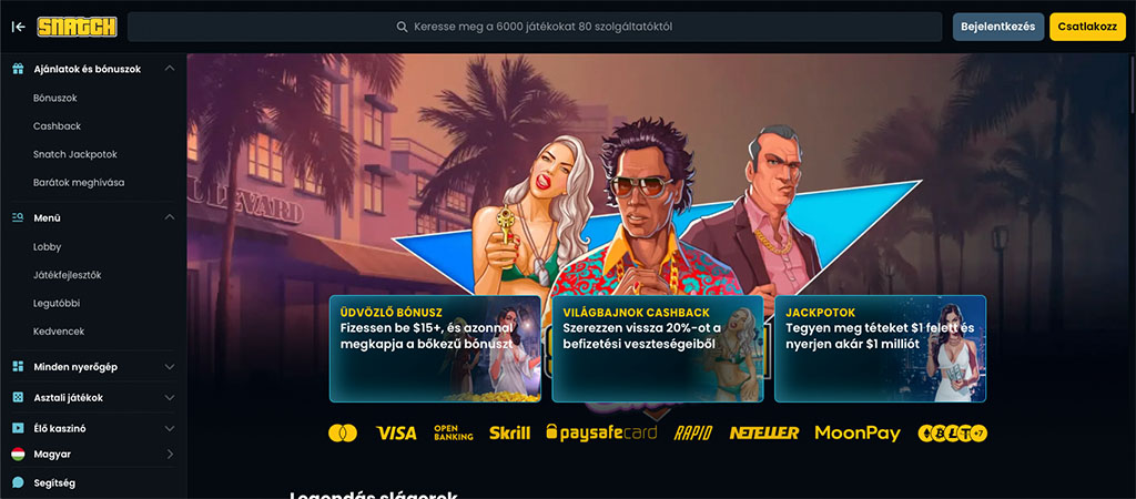 Snatch kaszinó, főoldal, hirdetés, GTA, férfi, nők, pálmafák, bónuszajánlatok, logók, üdvözlő bónusz, cashback, jackpot