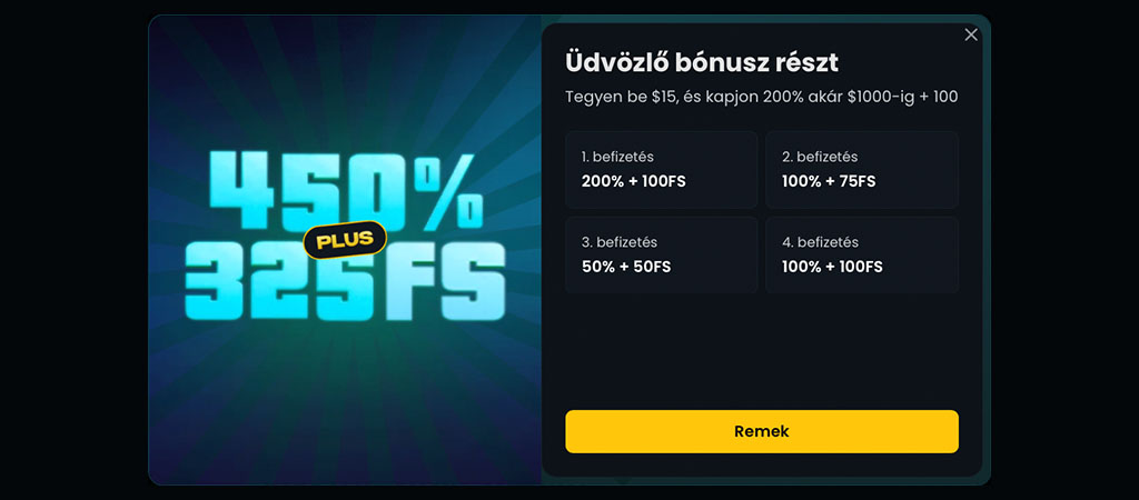 Snatch kaszinó, üdvözlő bónusz, felugró ablak, 325 ingyen pörgetés, befizetési bónuszok, befizetések