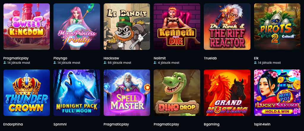 online kaszinó, nyerőgépek, játékok, Sweet kingdom, Moon princess, Le bandit, Kenneth, Pirots, Thunder crown, Midnight pack
