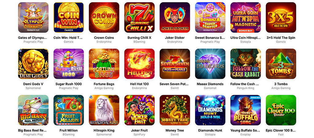 kaszinó játékok, nyerőgép, online kaszinó, slot, hitnspin, játék ikonok, játékválaszték, Gates of Olympus, 3x5 Hold The Spin