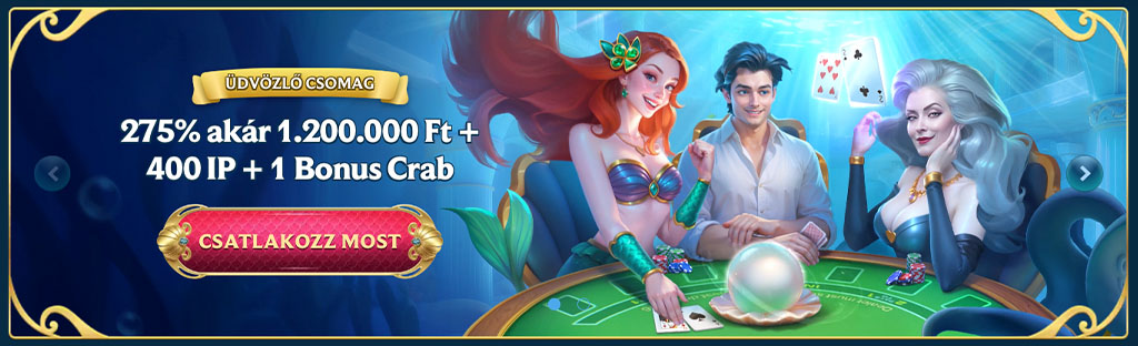 AquaWin Casino, üdvözlő csomag, sellő, kártyajáték, 1.200.000 Ft bónusz, 400 IP, Bonus Crab, tenger